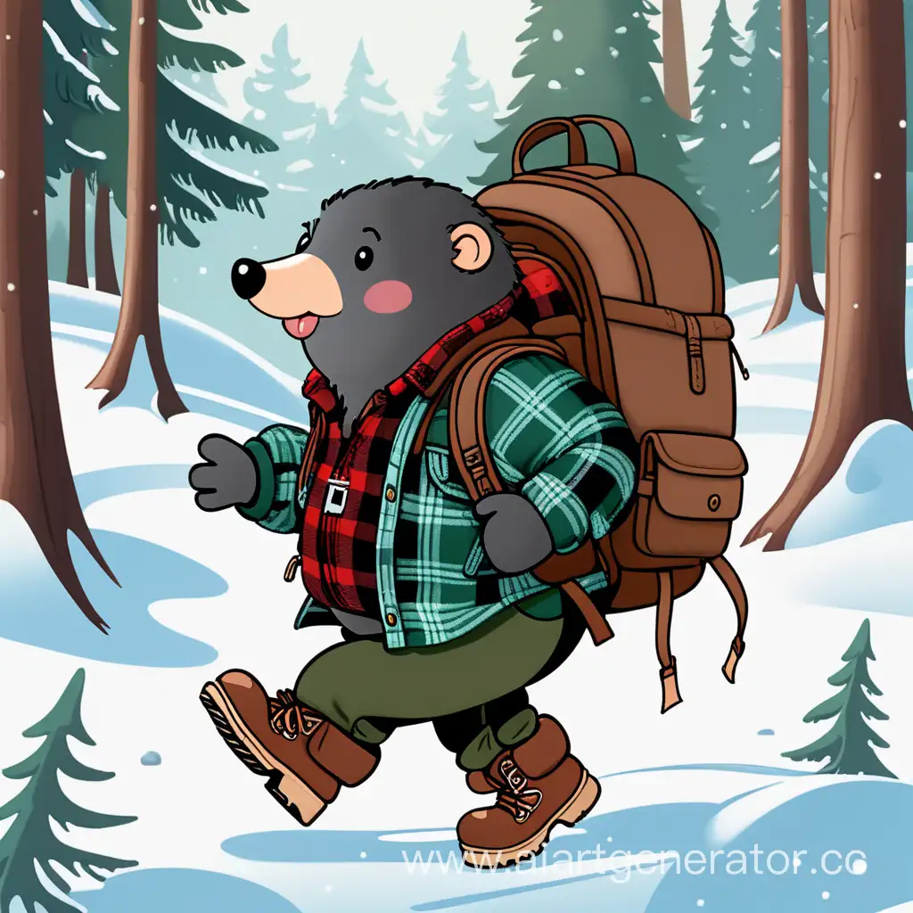 Милый крот с рюкзаком на спине идёт по снегу в хвойном зимнем лесу. Рюкзак в ретро стиле, зелёного цвета. Крот одет в старые походные ботинки, клетчатую красную рубашку и тёмные брюки. Крот путешествует и выглядит соответствующе. 