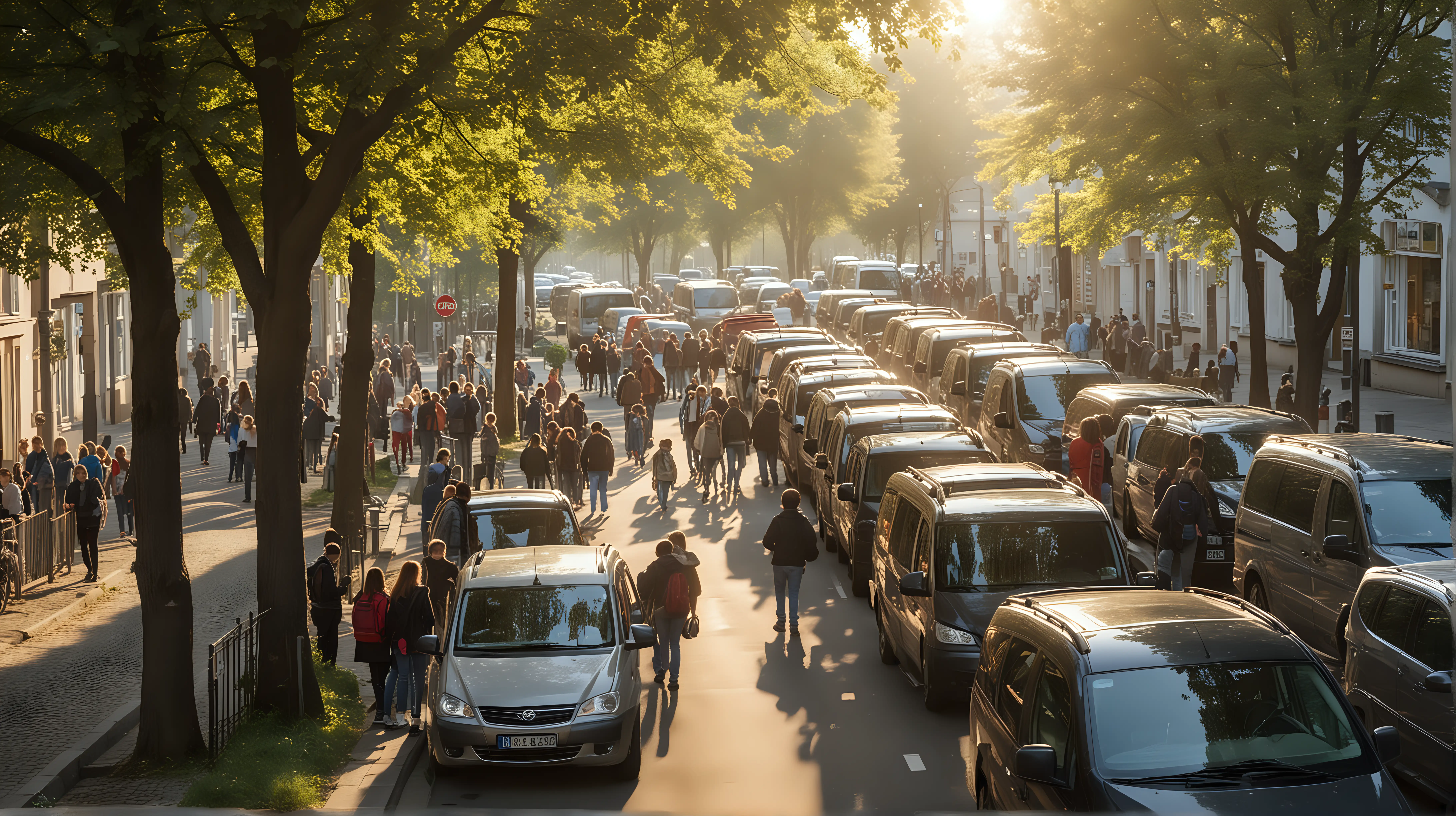 Morning Traffic Schoolchildren Navigate Jammed Street in Germany