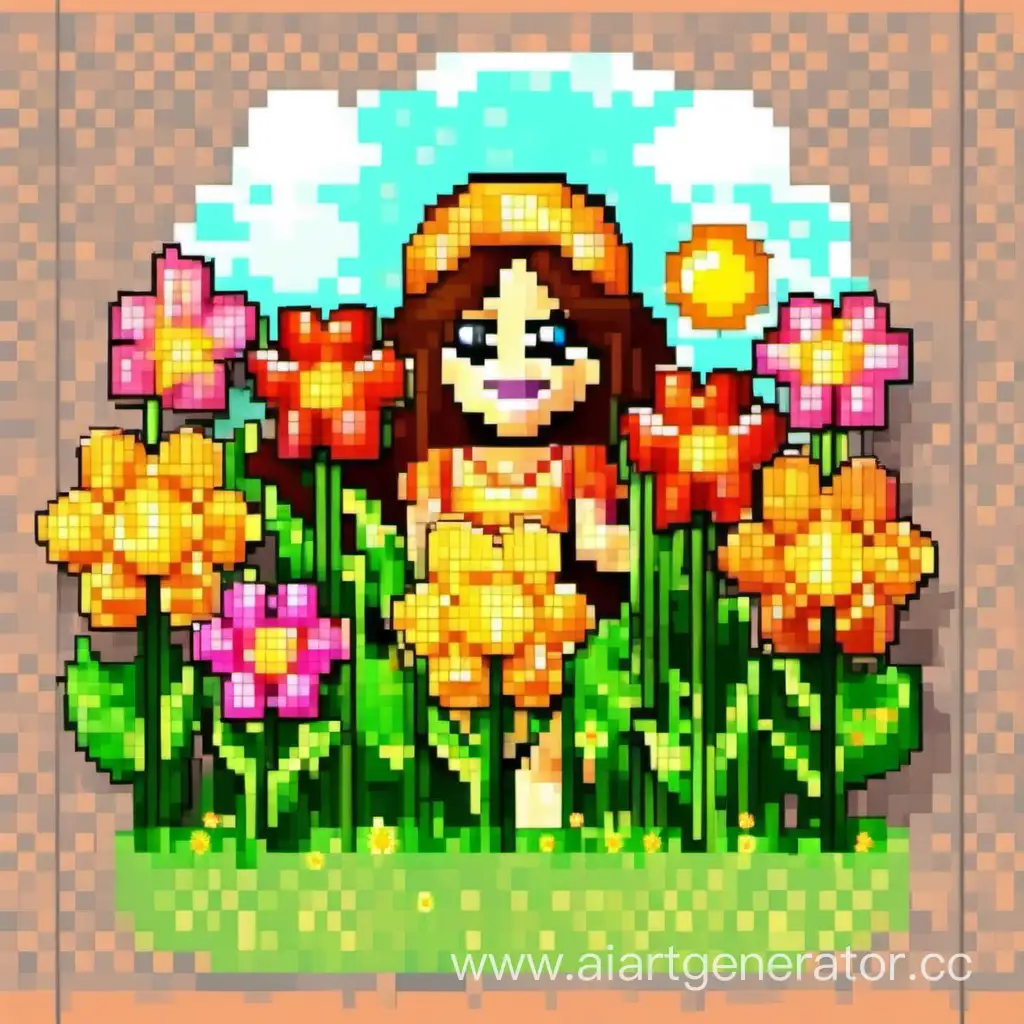 сделай картинку для поздравления девушек и женщин с 8 марта с цветами, весной и солнцем в пиксельном стиле