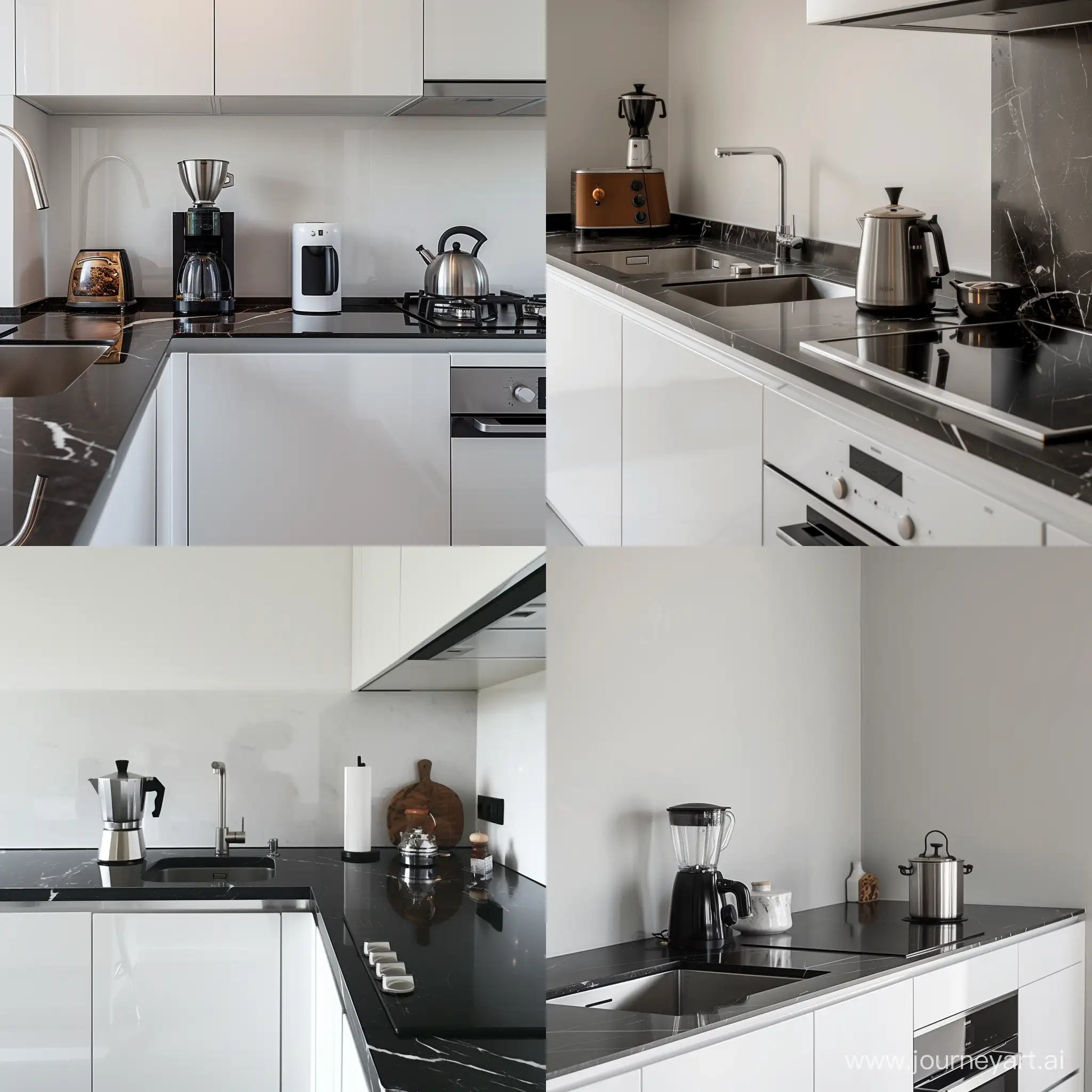 Dettaglio cucina bianca moderna con top nero marmo a destra piano a induzione con sopra una caffettiera moka a sinistra  lavandino in acciaio
