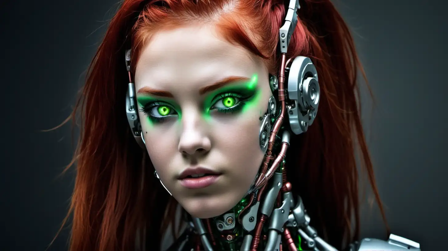 Cyborg woman, 18 years old. She has a cyborg face, but she is extremely beautiful. She has red  hair and green eyes. She is drop-dead gorgeous. Her ears are beautiful.