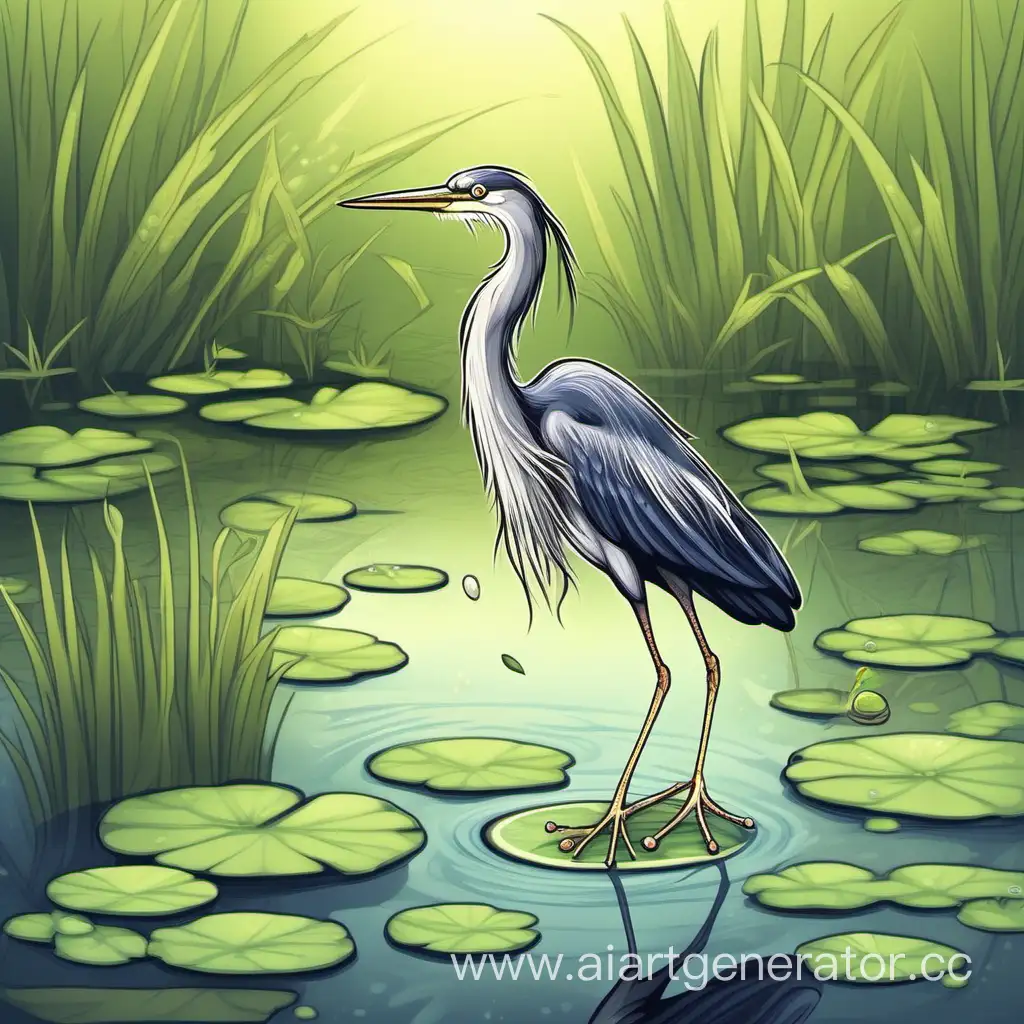 Heron-in-Pond-with-Friendly-Frog