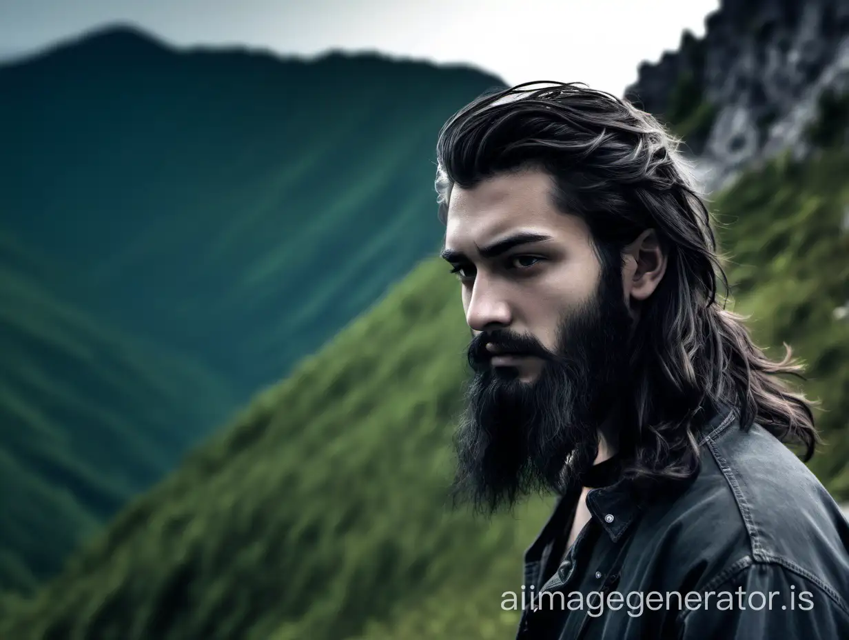 saddist boy with long hair and beard in the mountain