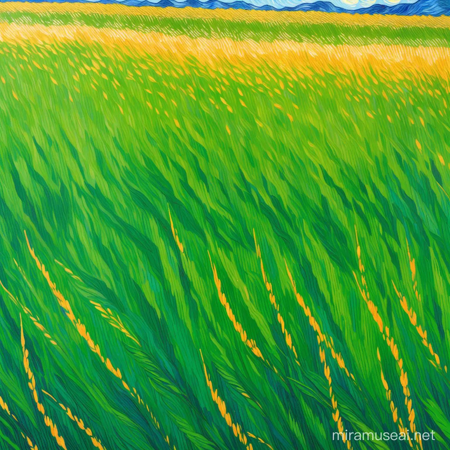 Close up zoom, drawing of green grass, Painting. Landscape. The painting looks like created by Van Gogh. Best quality.