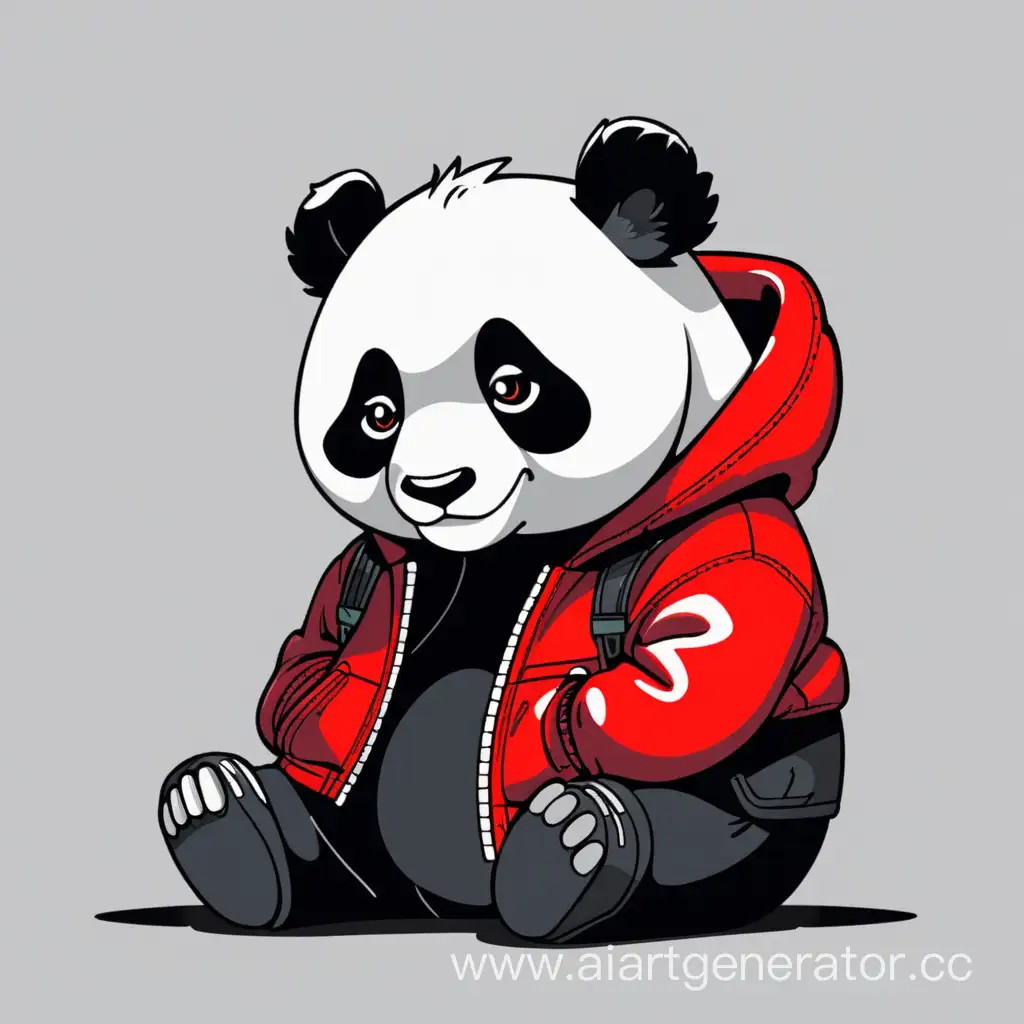 Панда в черно-красной куртке