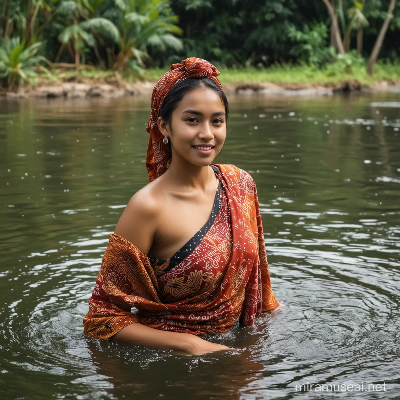 Gadis melayu bertudung mandi di sungai memakai kain sarung batik Indonesia 