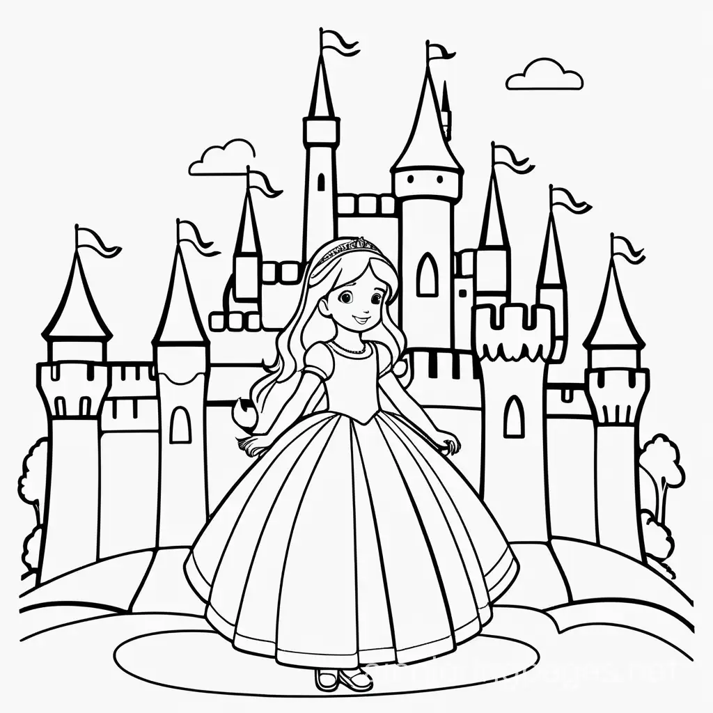 Girl princess dress deatail and background castle, Coloring Page, black and white, line art, white background, Simplicity, Ample White Space. The background of the coloring page is plain white to make it easy for young children to color within the lines. The outlines of all the subjects are easy to distinguish, making it simple for kids to color without too much difficulty, Coloring Page, black and white, line art, white background, Simplicity, Ample White Space. The background of the coloring page is plain white to make it easy for young children to color within the lines. The outlines of all the subjects are easy to distinguish, making it simple for kids to color without too much difficulty