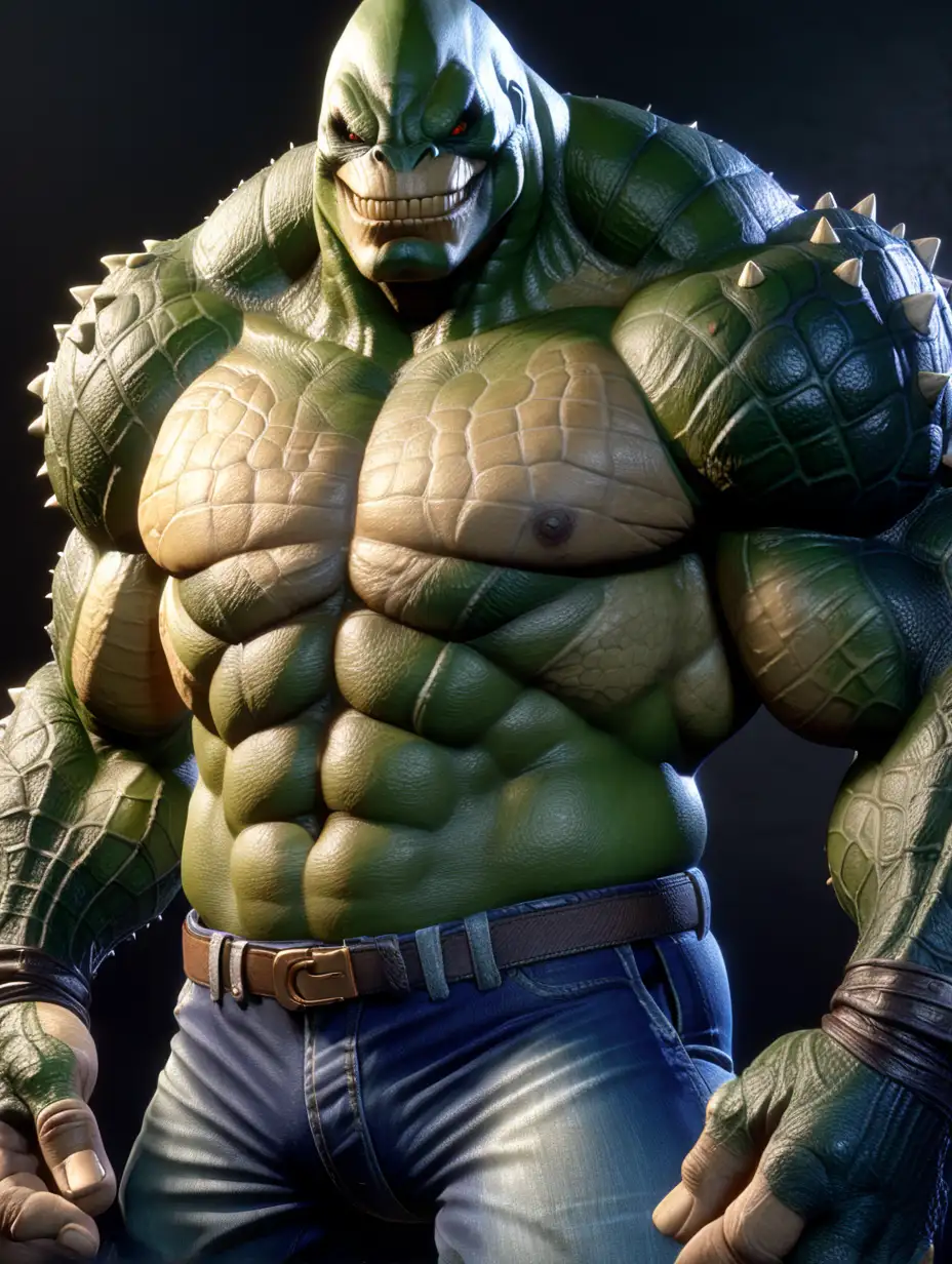 Killer Croc. very muscular. very buff. very intricately and microscopically detailed. ultra realistic blender sfm textures. broad shoulders. full body. wide shot.