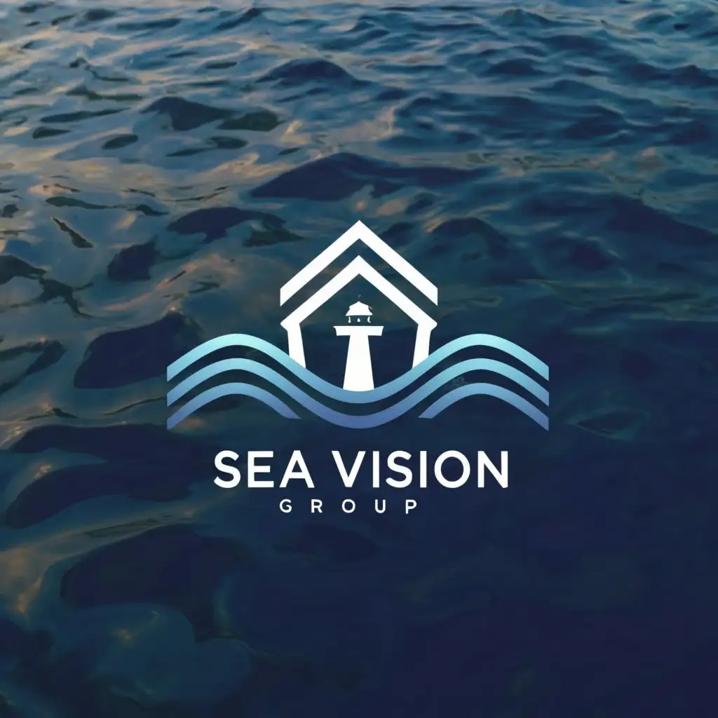 a logo design, with the text 'Sea Vision Group', main symbol: A house is the main symbol, an anchor and the ocean with Light blue, navy and white as colors, Moderate, clear background