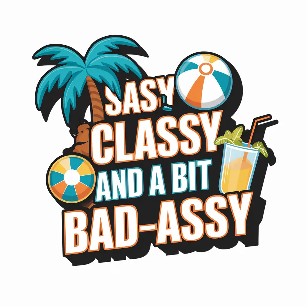2D  flat design in the style of summer beach life  vibe with typography text
 ( Sassy Classy and a Bit Bad-assy ) 