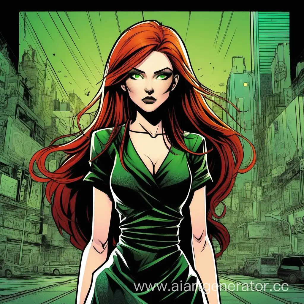 Девушка с прямыми рыжими волосами и зелёными глазами, в чёрном платье в комиксном стиле