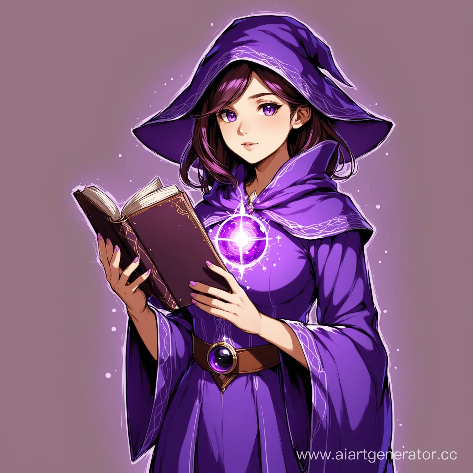 Ученый-маг женщина. На ней фиолетовое платье. В руках она держит книгу.