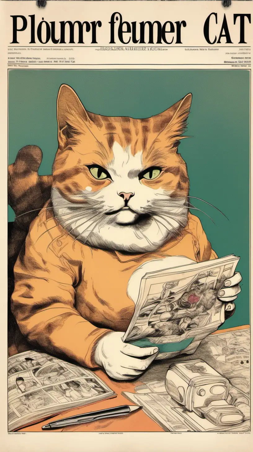 Vintage Cat in Colorful HandDrawn Magazine Cover Aesthetic