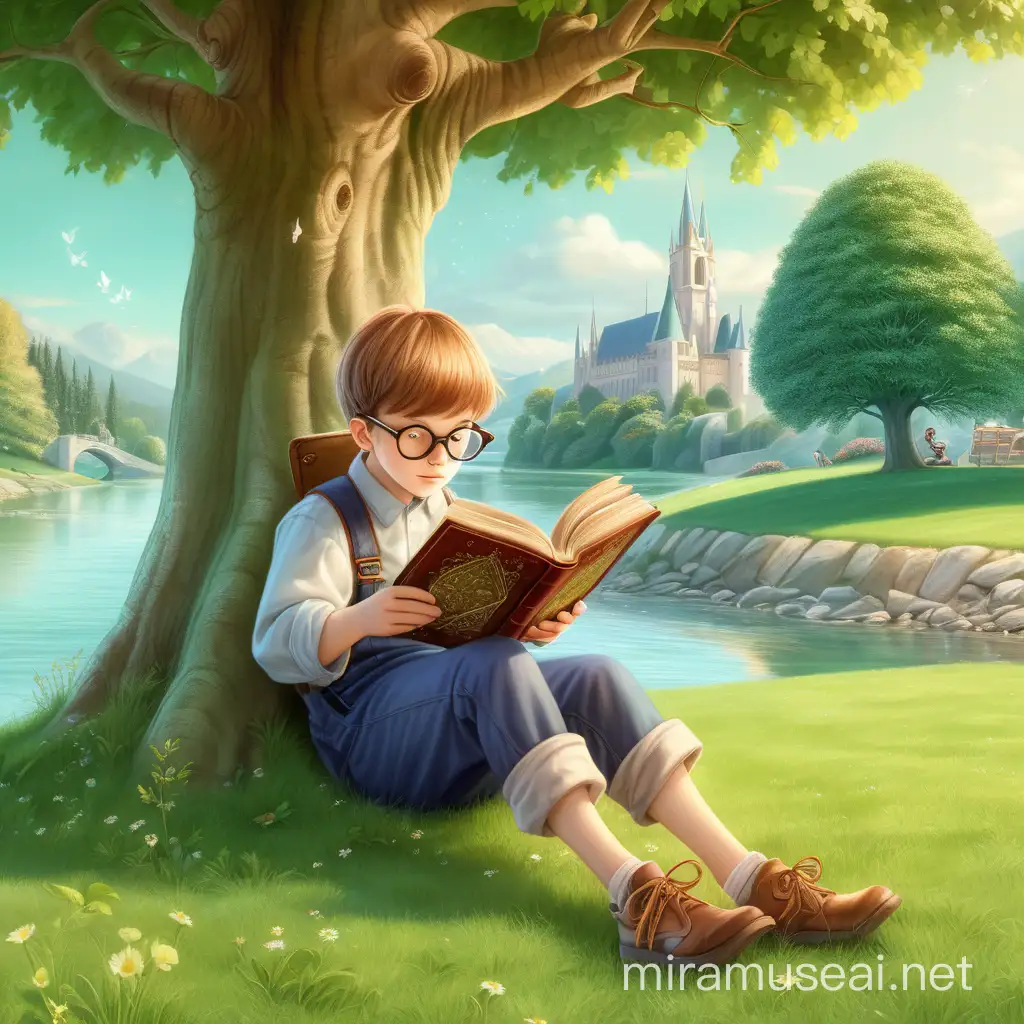 Girl Reading Fairy Tale Book Under Tree on Green Lawn