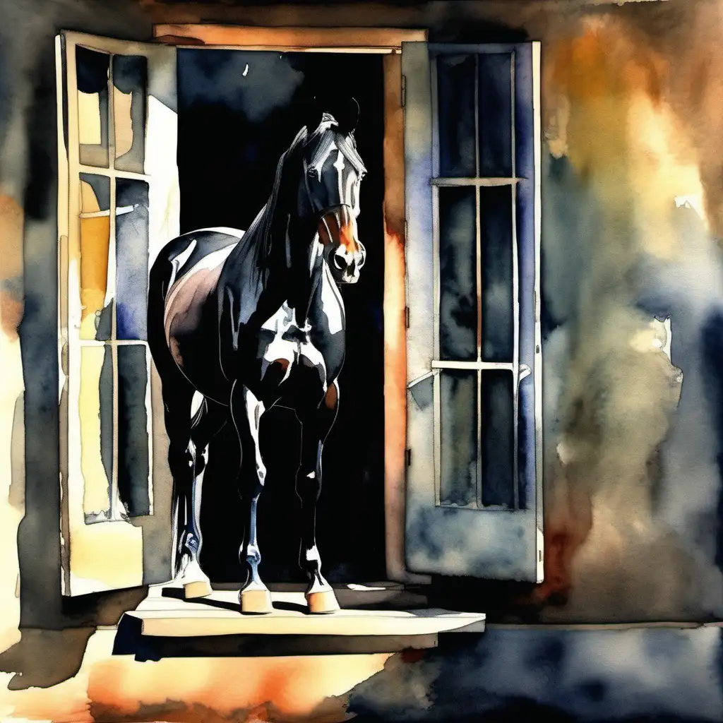 a beautiful black horse, in a dark venue with balcony, a small window lets the sun into the arena, watercolors , modern painting, Edgar Degas style
