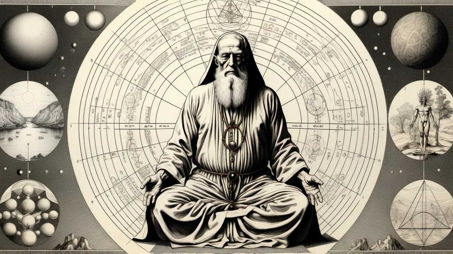 Diagrammatic Drawing, Hermetic Principles, Matrix, old wise man meditating