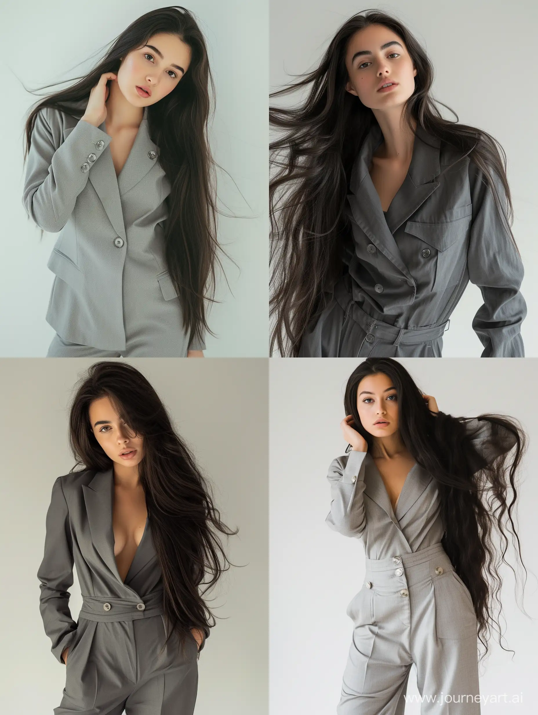 Elegant-Woman-in-Gray-Pantsuit-Captivating-Studio-Portrait
