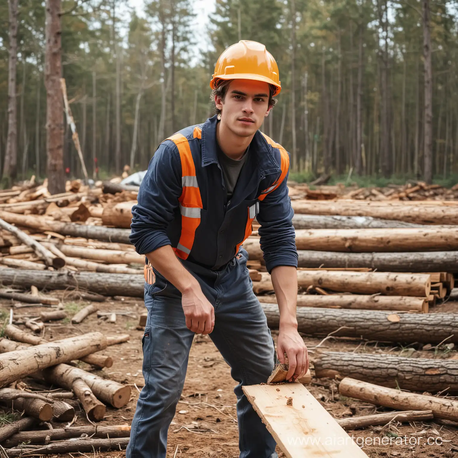 Young-Male-Woodworker-with-Tools-Amidst-Lumber-and-Nature