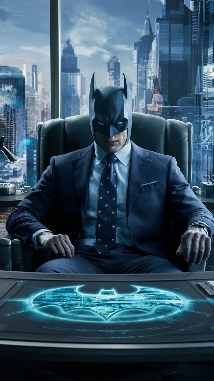 Batman as a CEO of a company sitting in his office 
