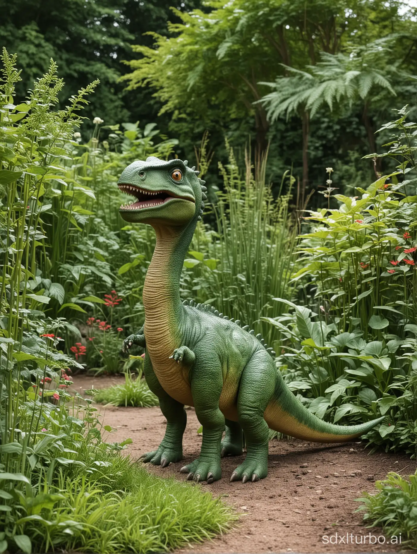 In the garden, there is a lovely dinosaur.