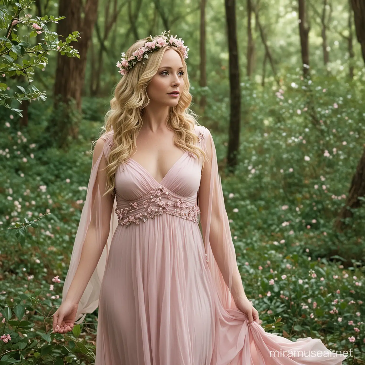 Candice Accola as the Greek goddess Ariadne.  She is alone in a leafy forest.  She is wearing a pale pink Greek dress, and is wearing a crown of ivy leaves and flowers.