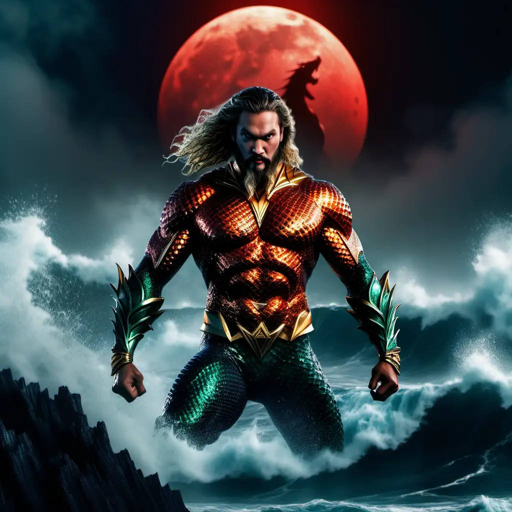 W ultra realistycznym 8K zdjęciu ukazuje się wściekła twarz Aquamana, jego ciało pokryte czarną smoczą łuską. Intensywne kolory i ostrość podkreślają detale postaci, która stoi na klifie, a z góry widać wzburzone morze. Na tle czerwonego księżyca, w którym unoszą się kłęby mgły, tworzy się dramatyczna i realistyczna filmowa scena, wzbudzająca napięcie i emocje, --v 6