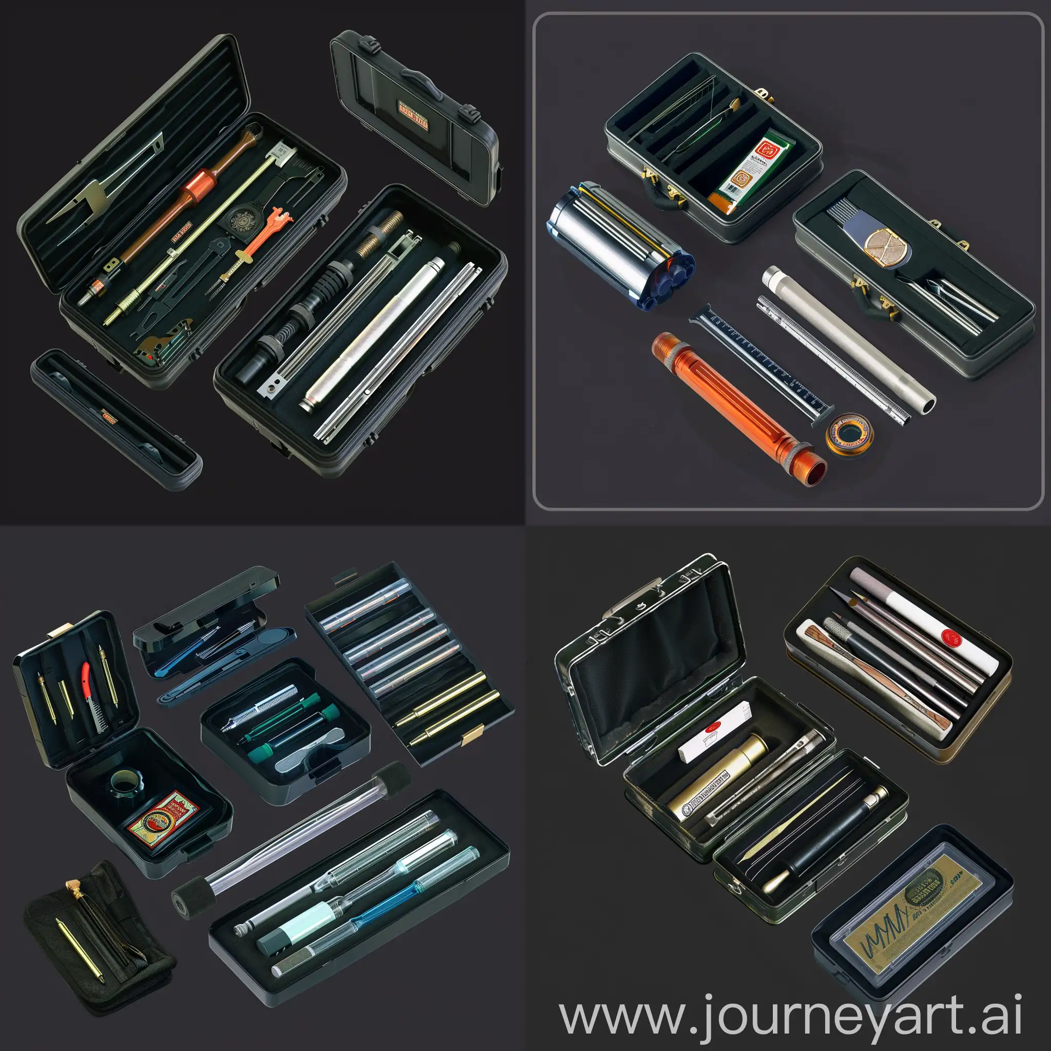 https://i.imgur.com/xMBDPmY.png isometric set of repair instruments industrial cleaning kit inside tiny very thin cylinder metal box in style of unreal engine 5, tools instruments grease cleaning kit, ultrarealistic style, isometric set, hard surface :: black background --chaos 10 --iw 2