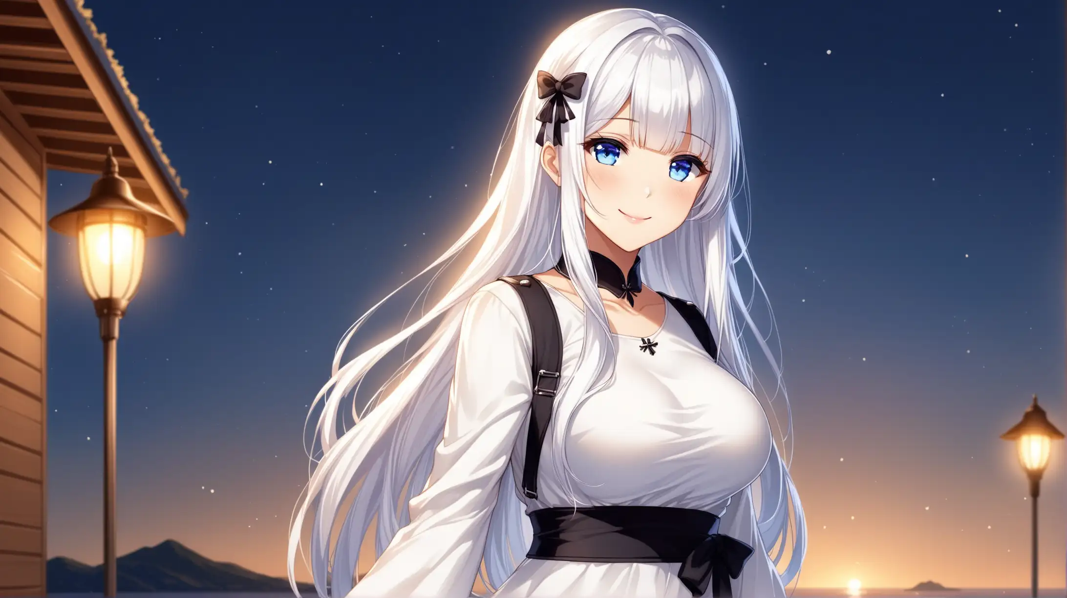 Draw the character Illustrious from Azur Lane, long hair, blue eyes, high quality, outdoors, dim lighting, standing in a relaxed pose, medium shot, casual clothing, smiling at the viewer