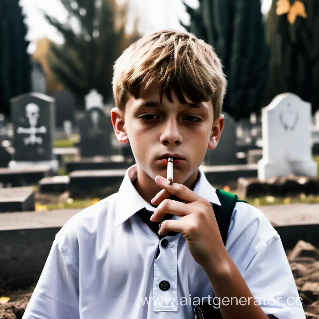 Школьник курит после школы на фоне могил
