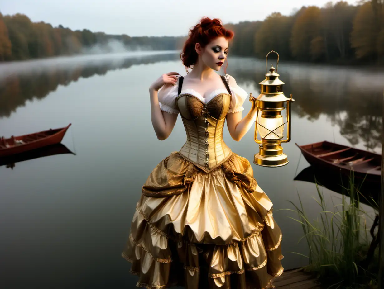 girl dressed in gold corset and gold steam punk style skirt, holding a lantern, gazing over a forest lake, tall ship on the lake, misty and muted colooours