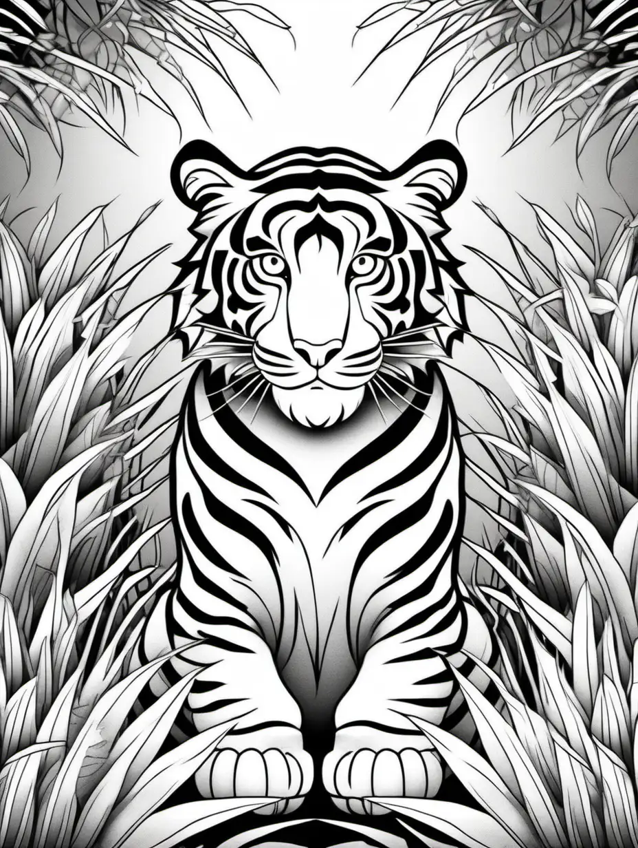 Majestic Tiger Resting in Jungle Black and White Coloring Page with Clean Line Art and Mandala Background