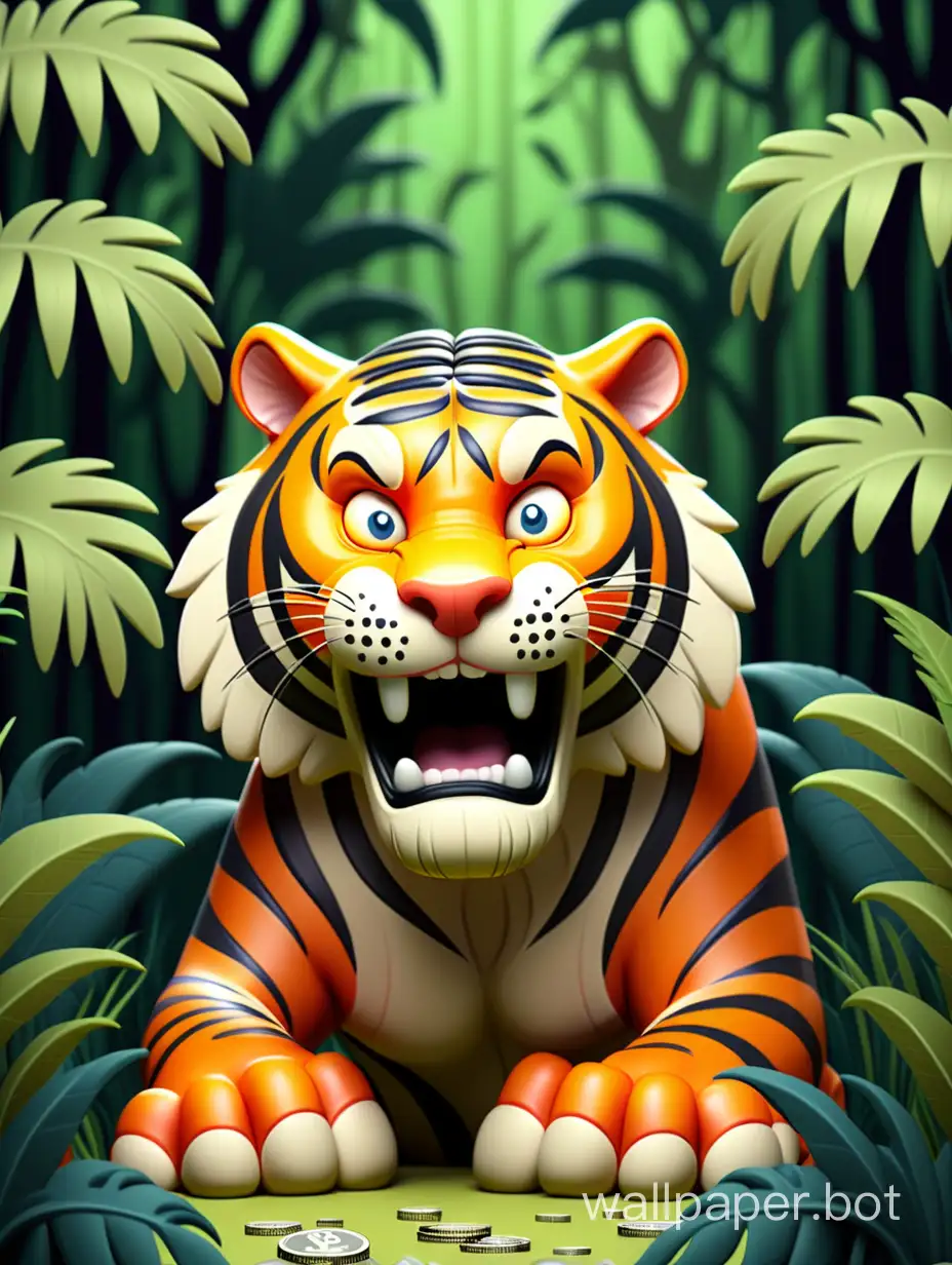 Bitcoin coin against the backdrop of jungles with a tiger in a cartoon style