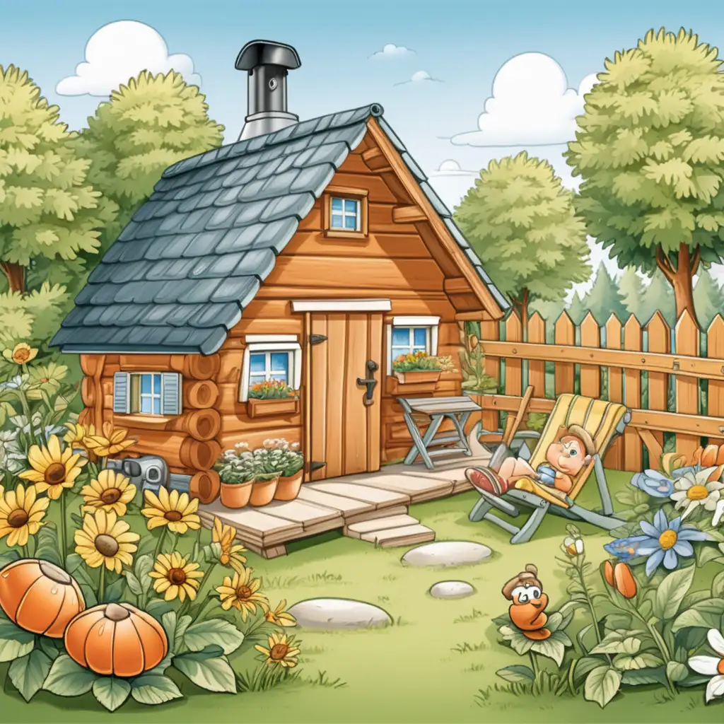 Cartoon Summer Cottage with Carrot Garden Whimsical Vacation Illustration
