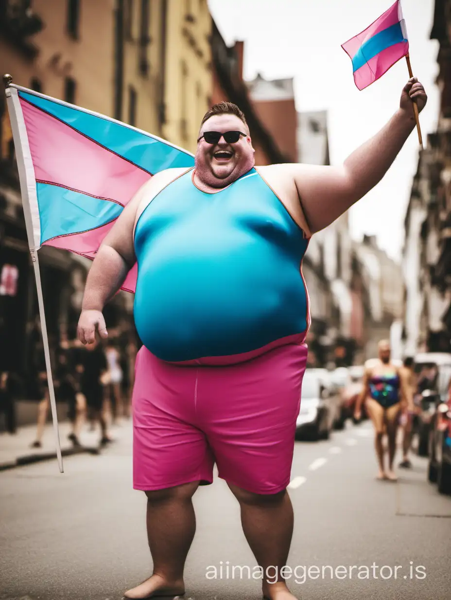 very happy fat man in shorts and swimsuit top holding a trans flag