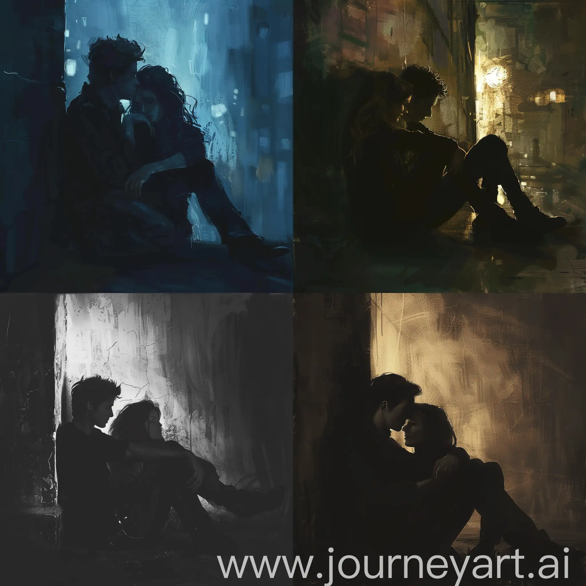 In the dim light, they sit against the wall, her head resting gently on his shoulder. He leans back, their silhouettes merging in the soft glow. The city sounds fade as they find solace in each other's presence. His hand finds hers, fingers intertwining in a silent promise. Together, they share a moment of quiet intimacy amidst the chaos of the world, their love a beacon of warmth in the cool night air.