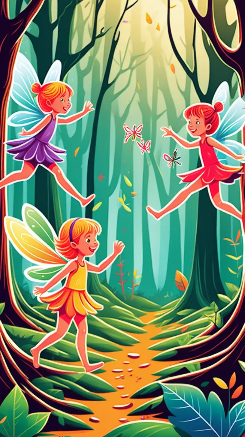kids illustration, fairies playing in the woods, thick lines, vivid color