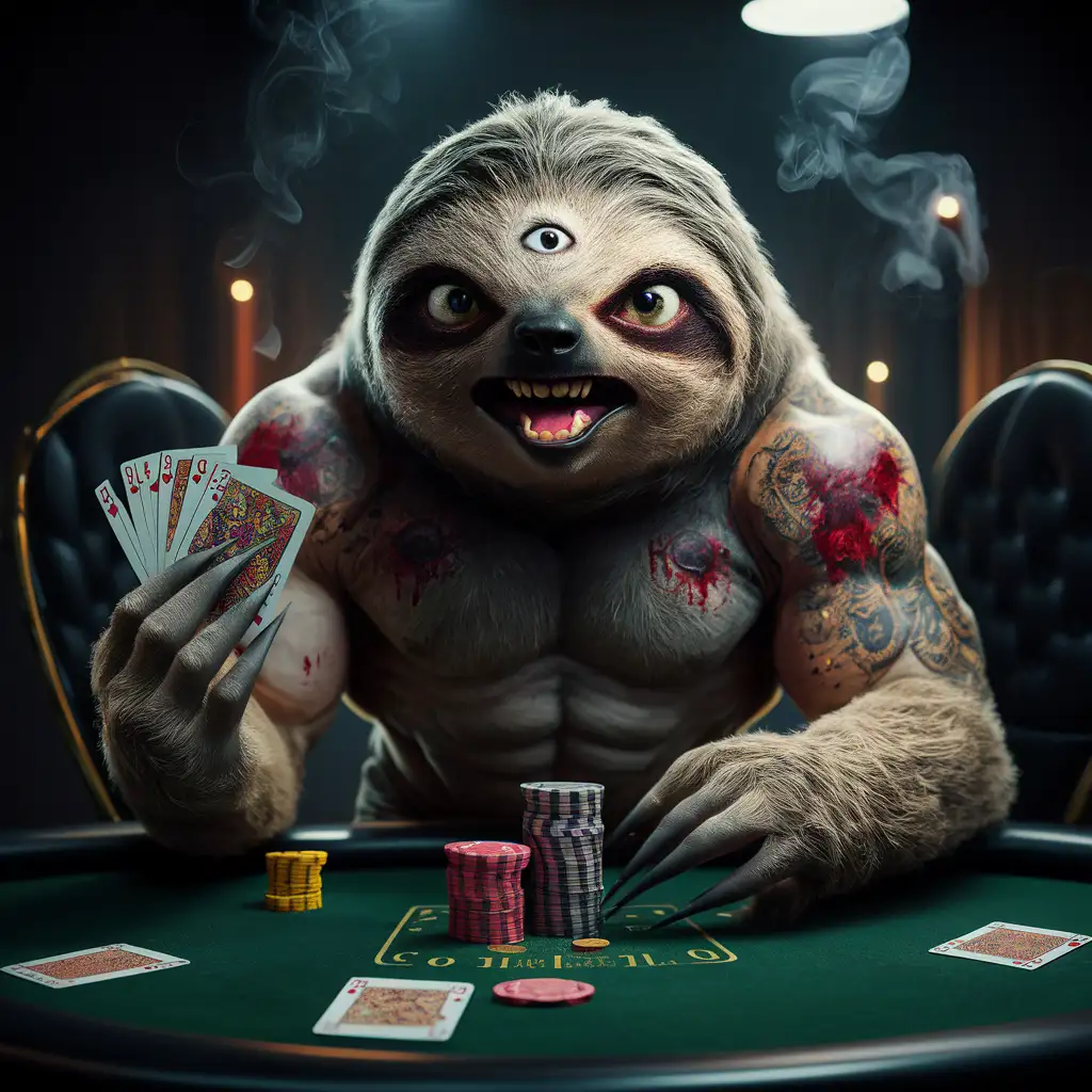 thin three-eyed bloody  tatoo very angry musculer sloth is playing poker