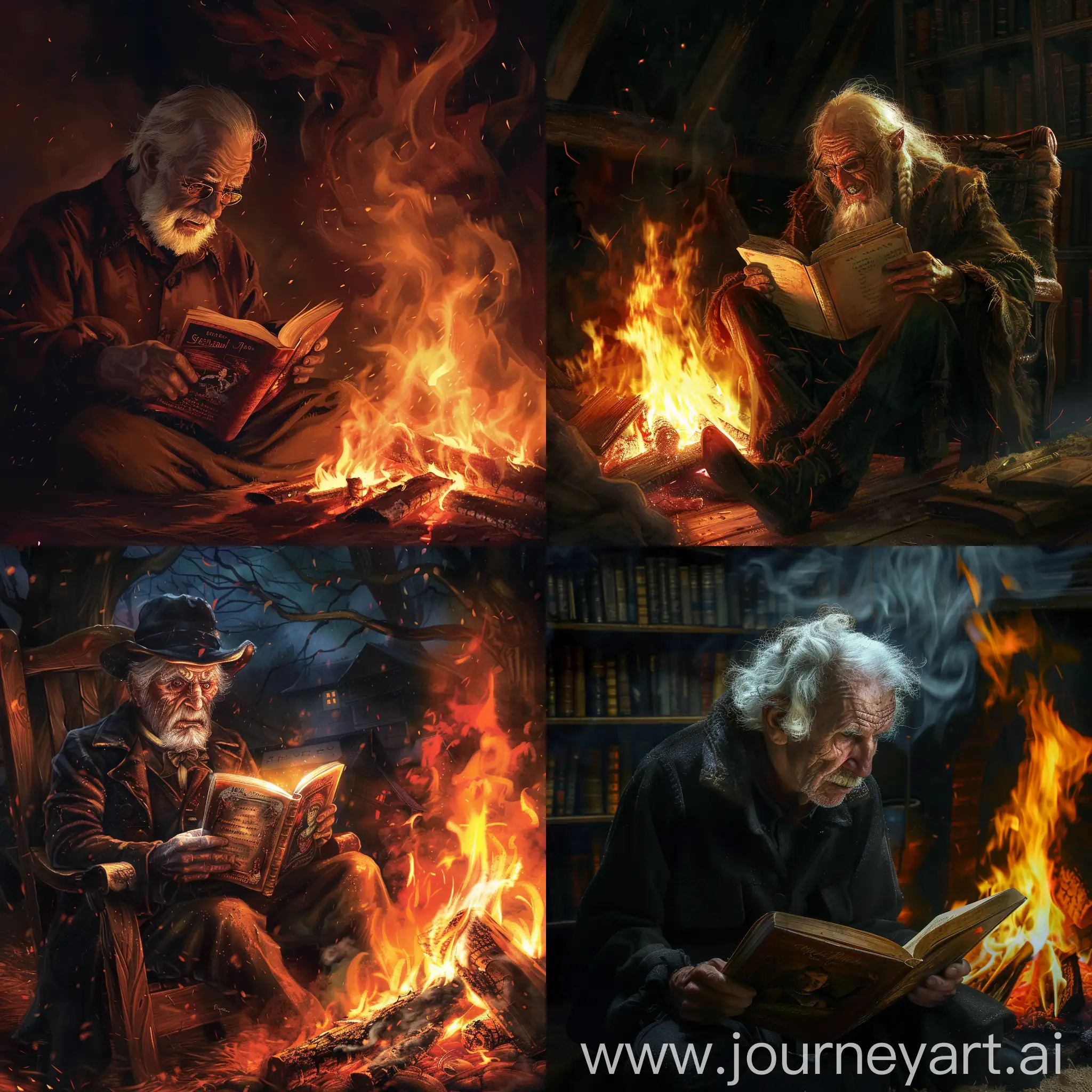 A creepy old man reading a story by a roaring fire