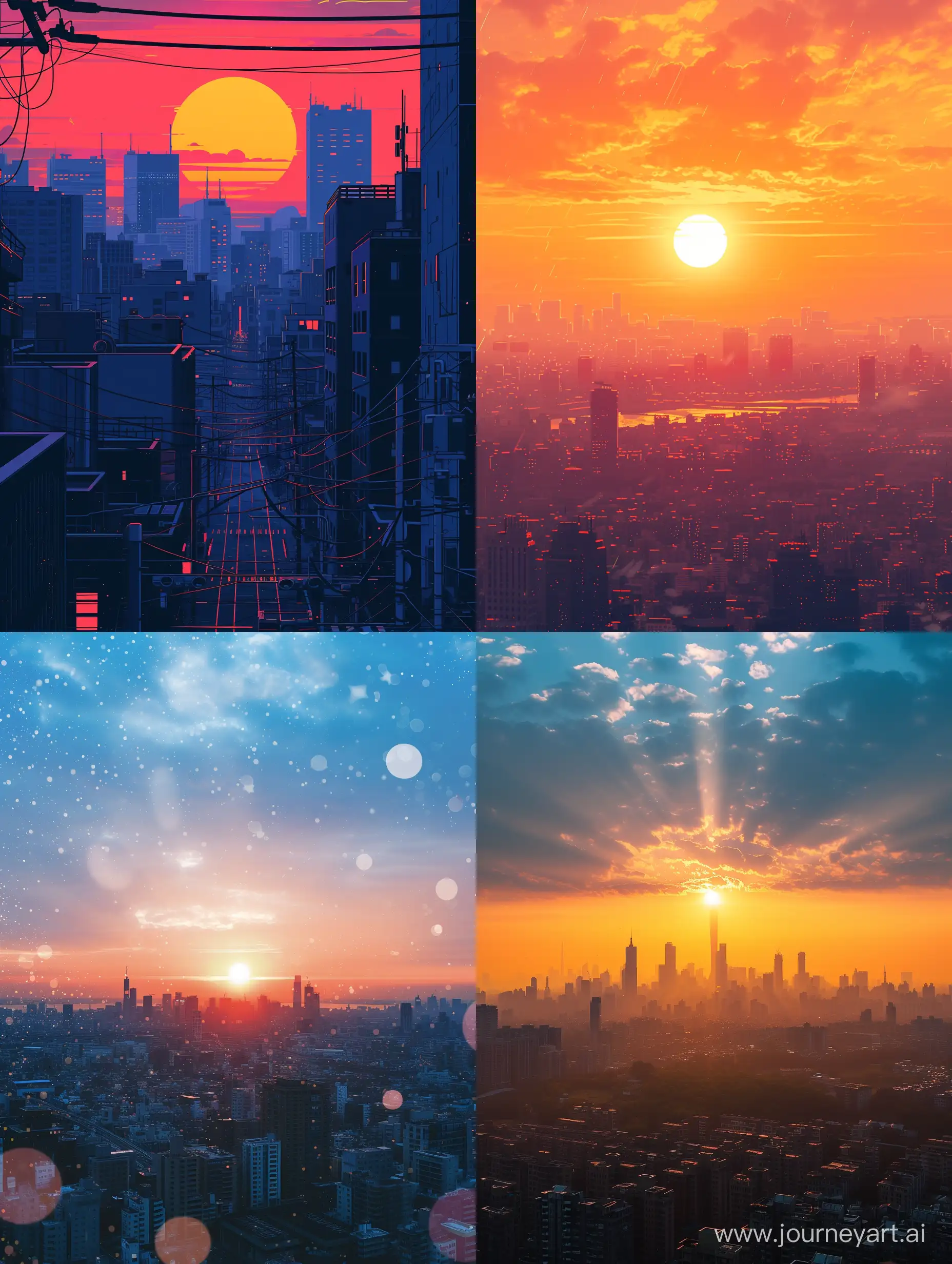  A sunrise over a cityscape with hustle-related elements.