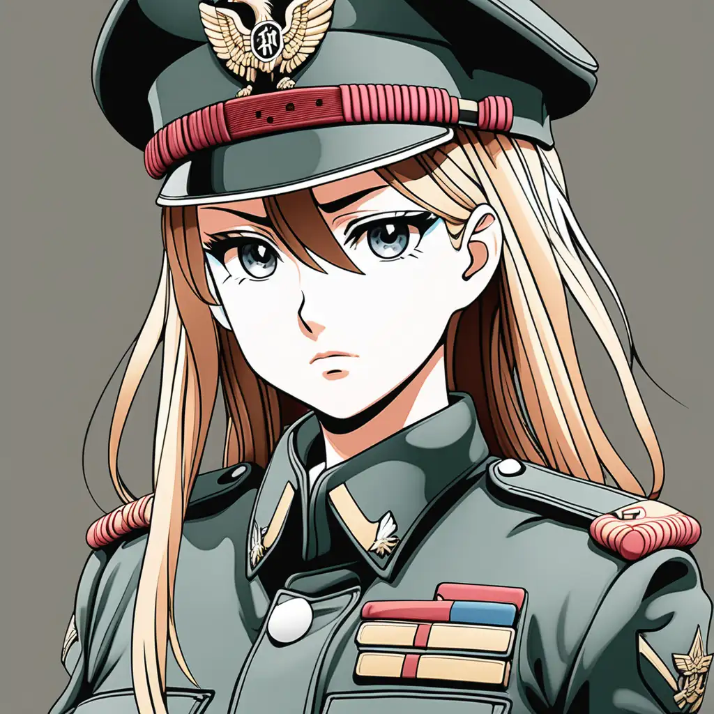 create an color image of tough manga Girl in style military uniform