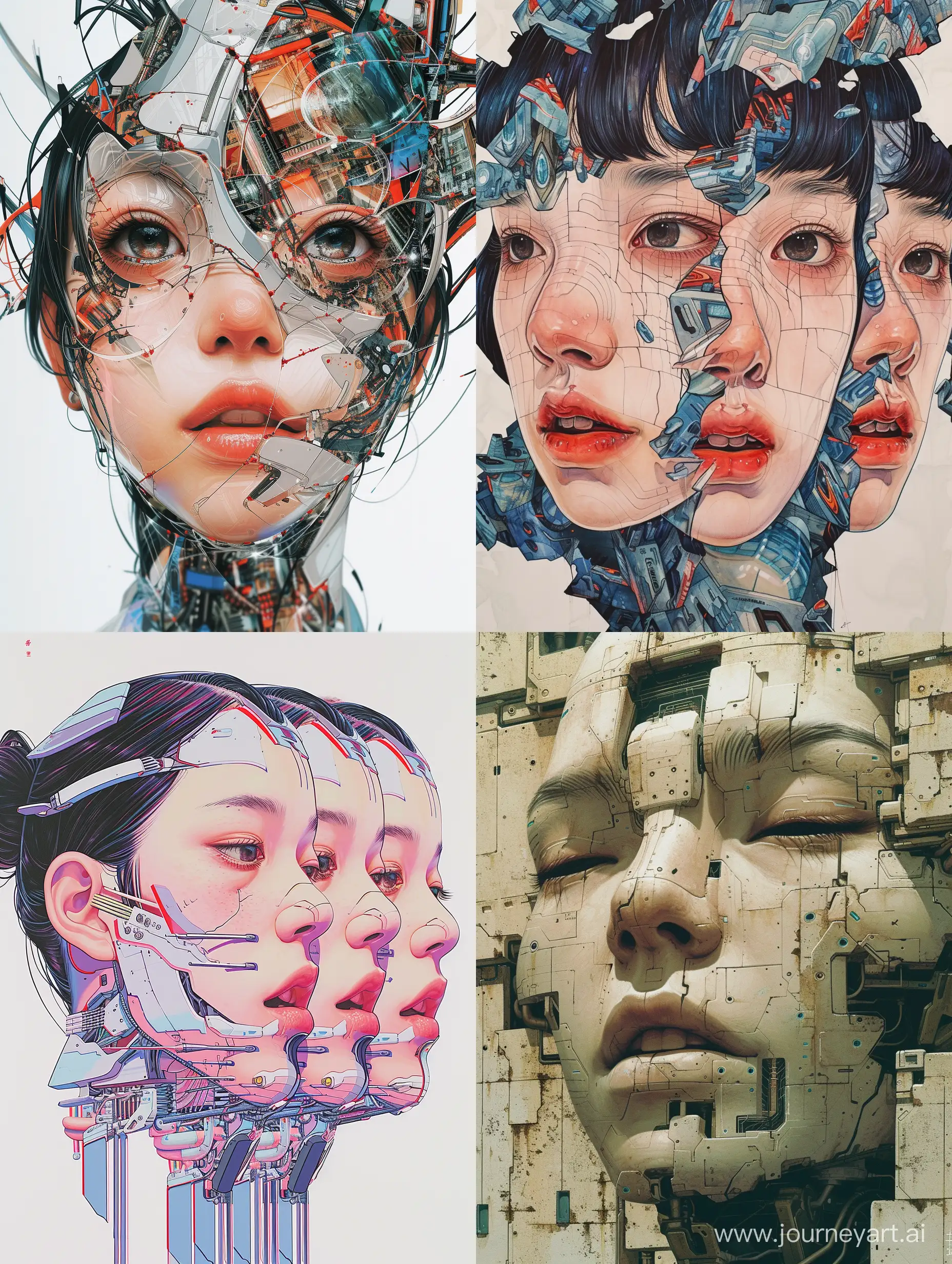 shintaro kago style of a beautifull face made by part of the face multiplicated in different part, cyberpunk realistic neo futuristic shintaro kago, japan style