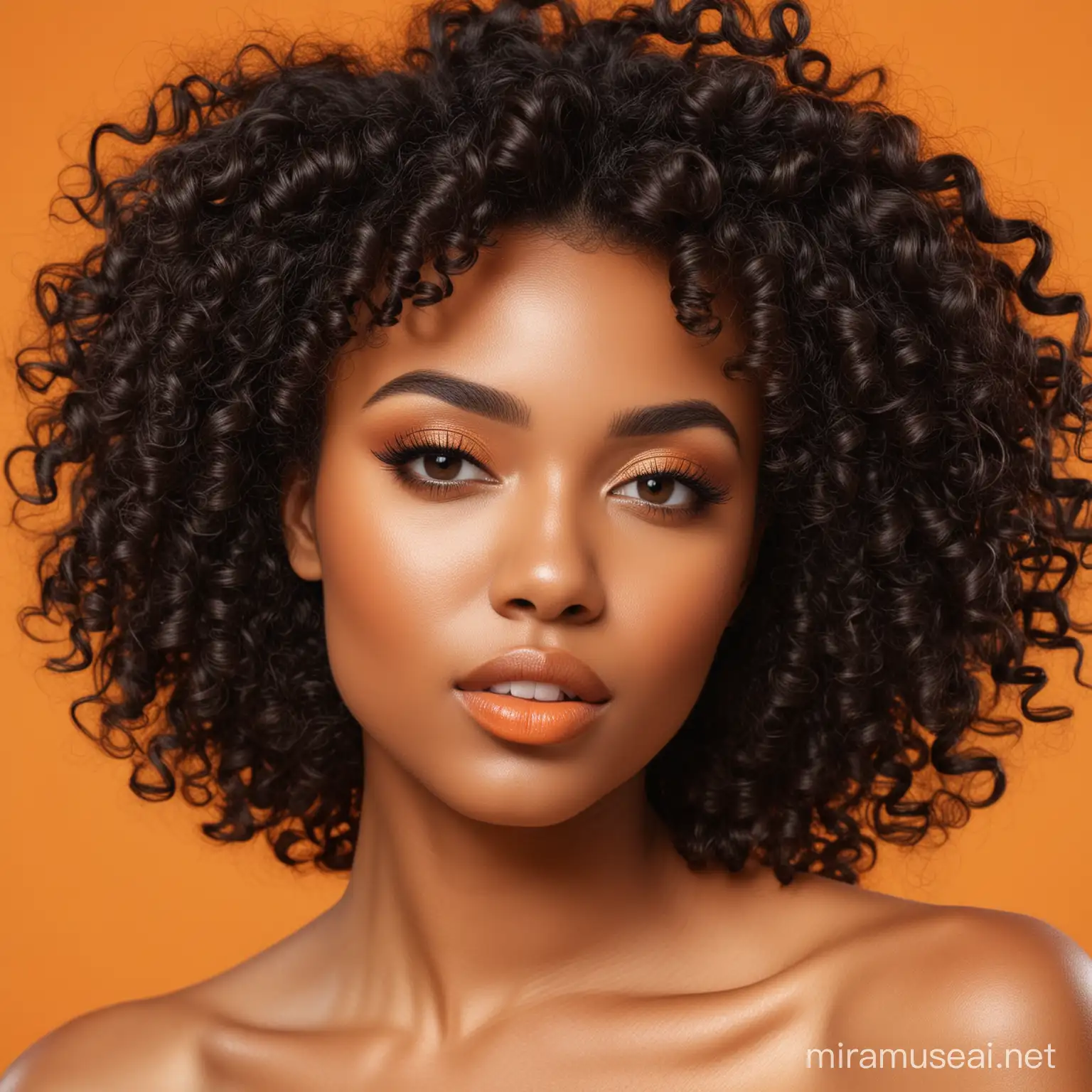 Sexy Black dark-skinned woman with a bright curl hairstyle with an orange background. There is whitish skin cream on both her cheeks and forehead.