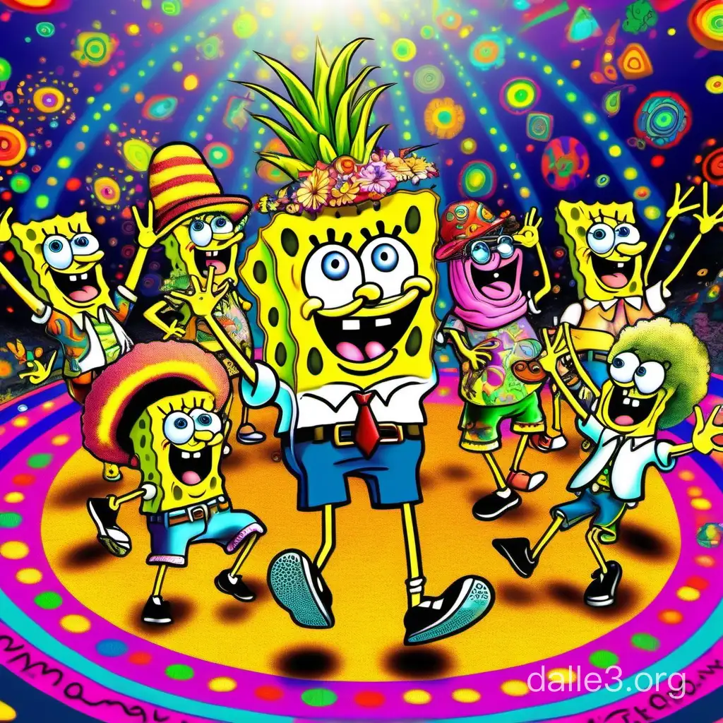 Spongebob Squarepants dressed like hippies from woodstock. In a nightclub dancing in a circle of trippy psychedelic shit. 