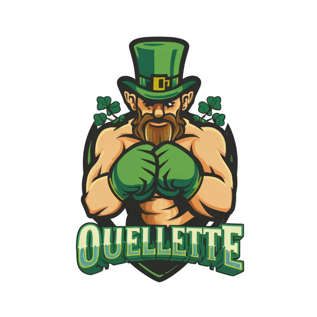 a logo design,with the text "Ouellette", main symbol:muscular leprechaun boxing,complex,clear background