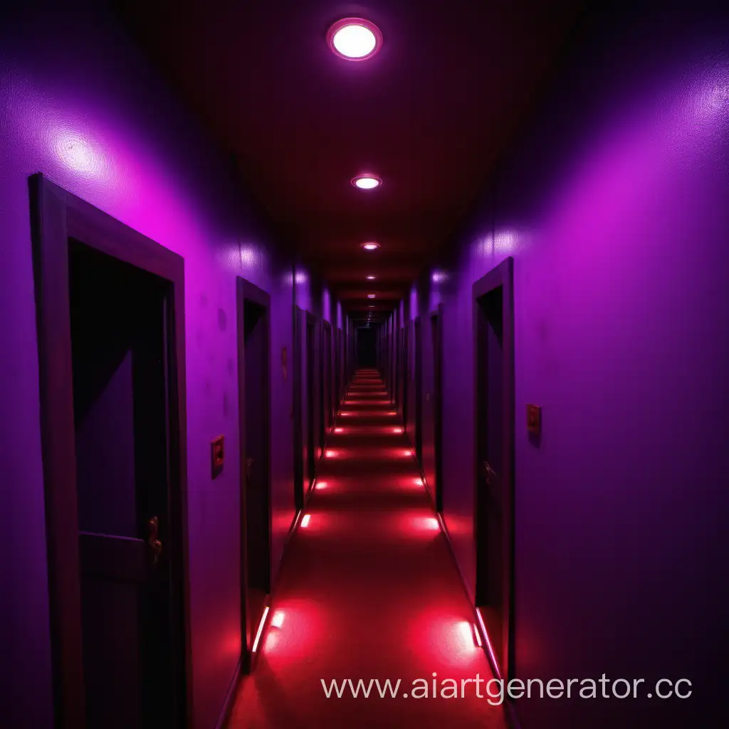 Бесконечные комнаты фиолетового цвета. В этих комнатах нет света и в проходе в другую комнату светятся красные глаза.