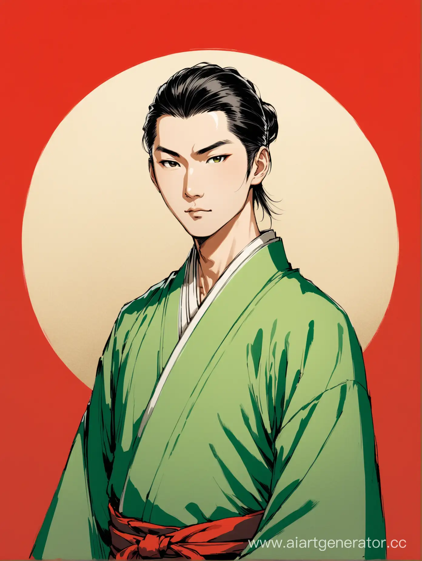 Красивый азиатский мужчина в зелёном кимоно, в стиле традиционной азиатской живописи, на фоне только красный круг