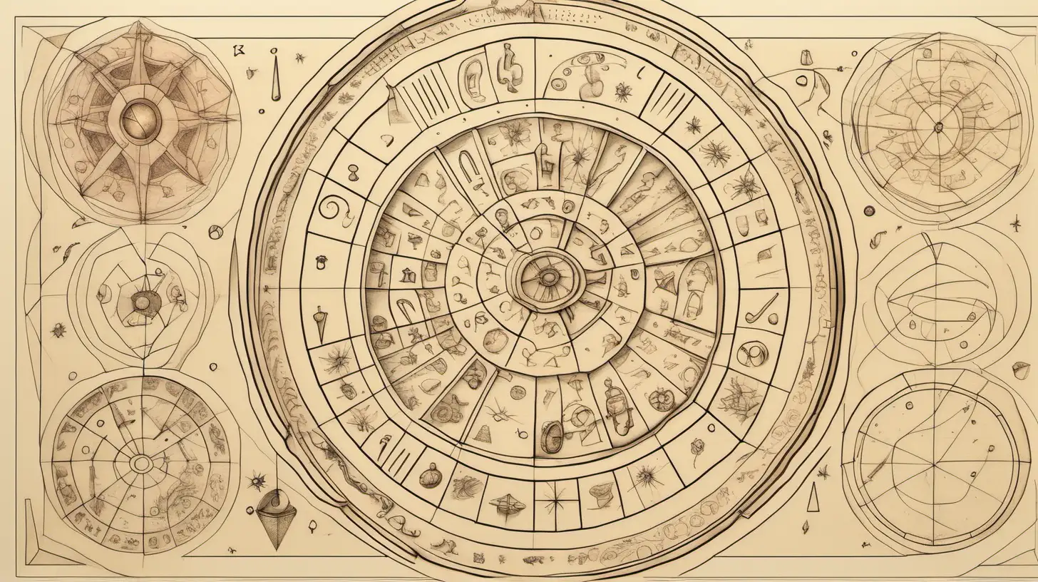 Astrogical wheel , place a gift box on it , etching, on light beige, bold color, muted palette,, loose line drawing, playfully intricate, puzzle-like elements