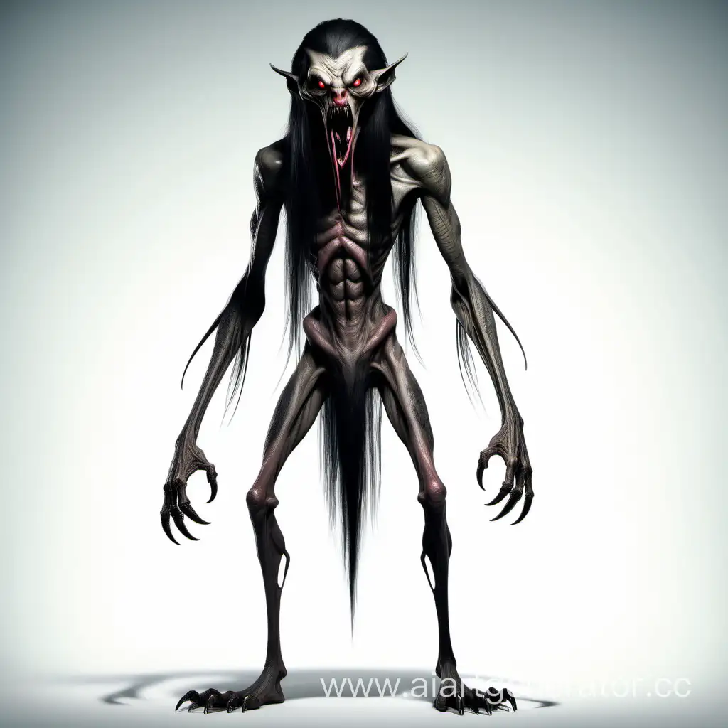 Высокий и худой человекоподобный монстр с длинным острым языком длинными руками и ногами с когтями с лицом человека и длинными чёрными волосами 