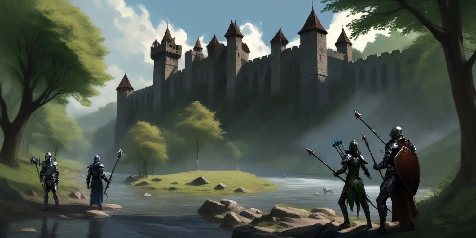 Medieval Adventure Party Confronts Stronghold by the River