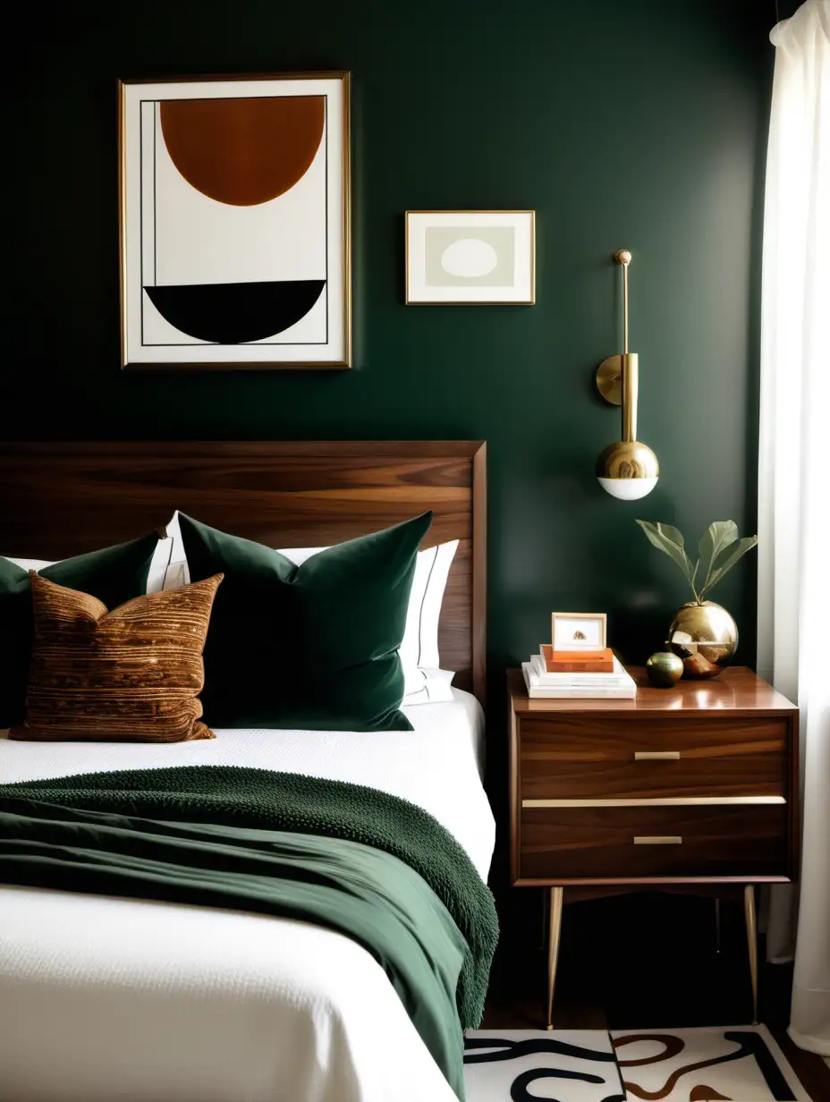 dark green bedroom mid century modern, walnut finishes, brass fixtures, and abstract artwork



